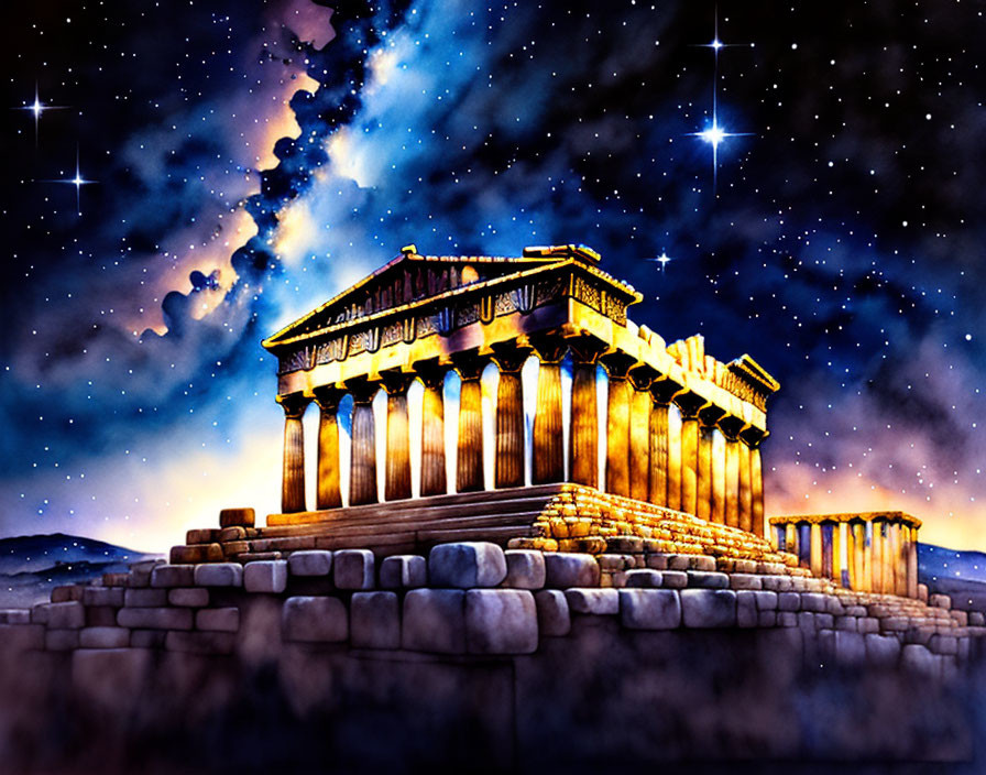 Ancient temple with columns under starry night sky and galaxy.