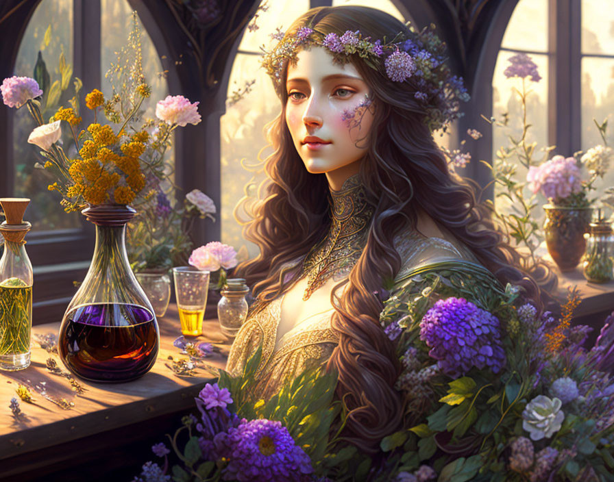 Fantasy portrait of a woman with floral crown, tattoos, surrounded by flowers and potion bottles