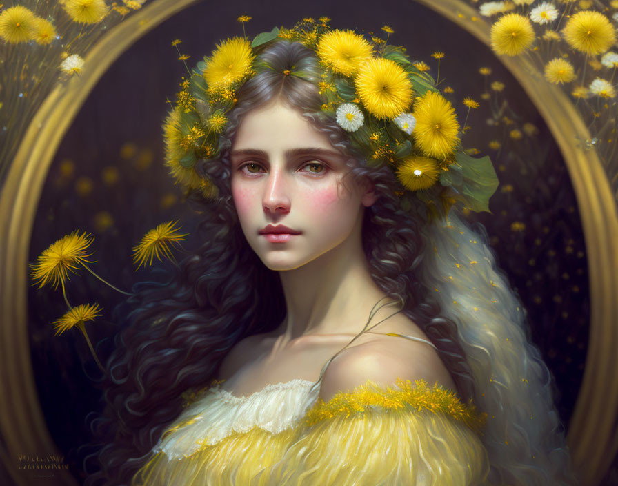 Portrait of young woman with dark curly hair and yellow flowers in golden oval frame.