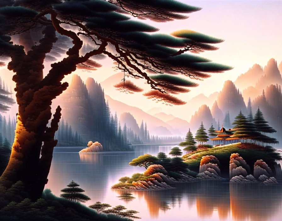 Tranquil landscape: lake, pine trees, mountains, pagoda