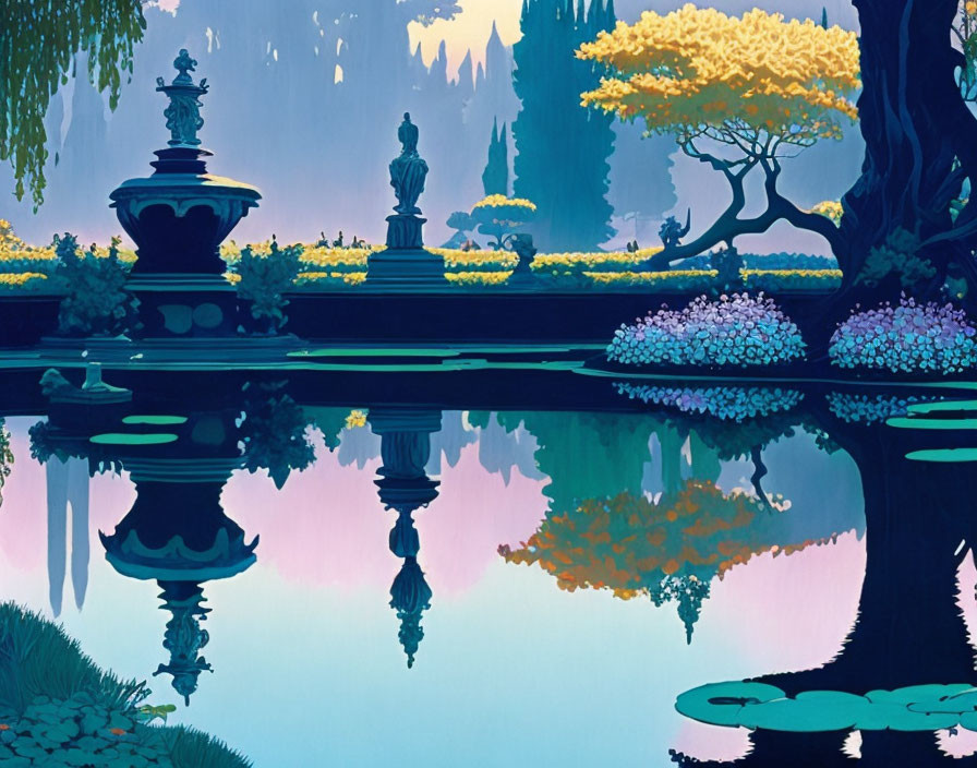 Serene garden illustration with reflecting pond, fountains, statues, and vibrant trees at twilight