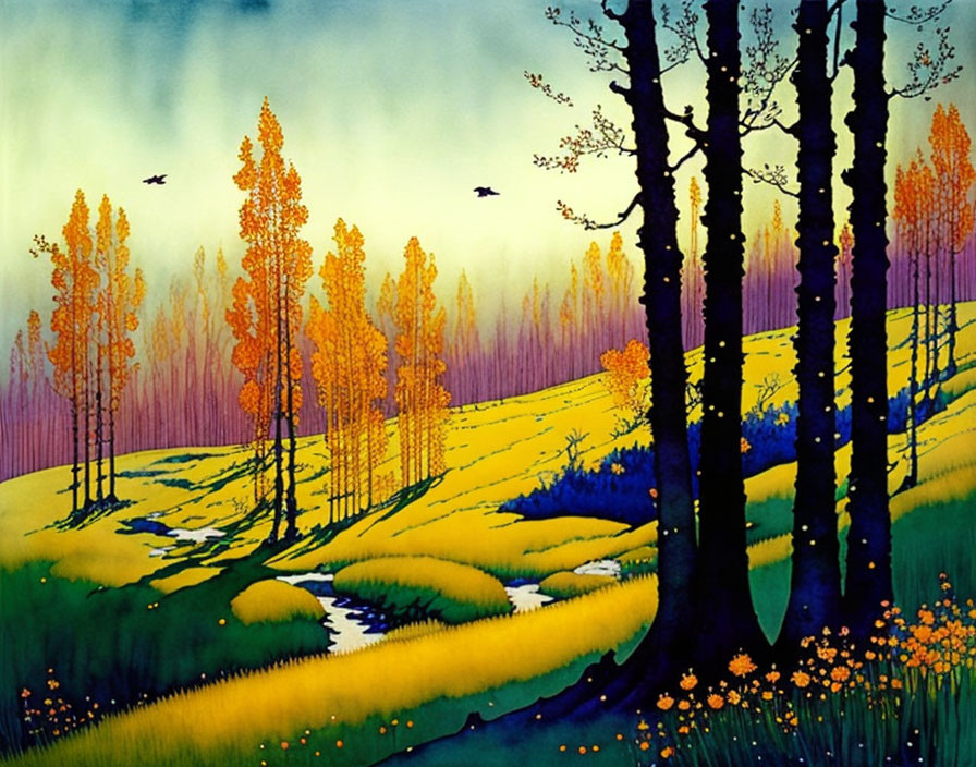 Colorful autumn forest painting with stream and birds in twilight sky