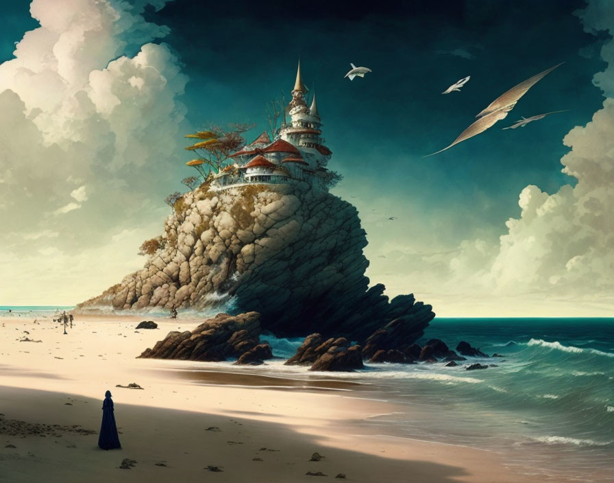 Figure gazes at castle on cliff by beach with seagulls, ocean, and cloudy sky