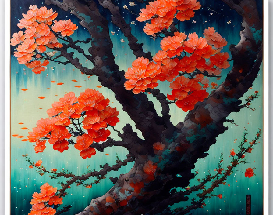 Vibrant painting: Twisting tree, orange blossoms, teal background.