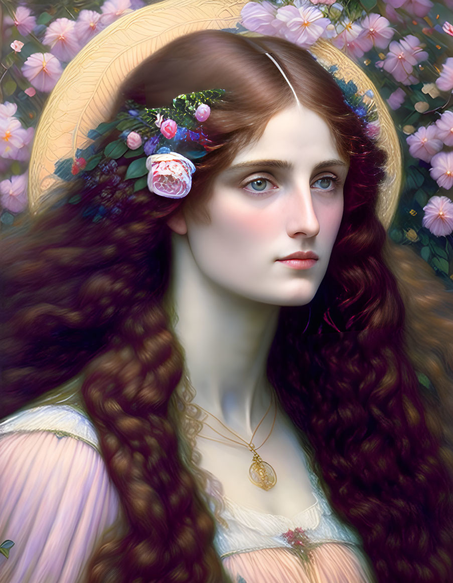 Portrait of a Woman with Long Brown Hair and Flower Crown in Pink Floral Setting