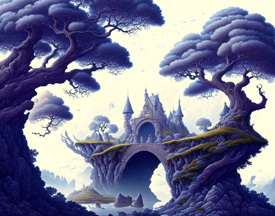 Castle on Natural Arch Amid Mystical Blue Forests and Foggy Valleys