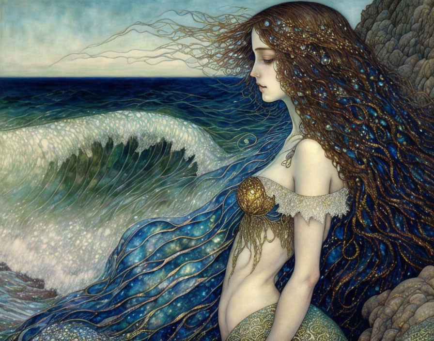 Mermaid painting with flowing hair holding golden orb by the sea