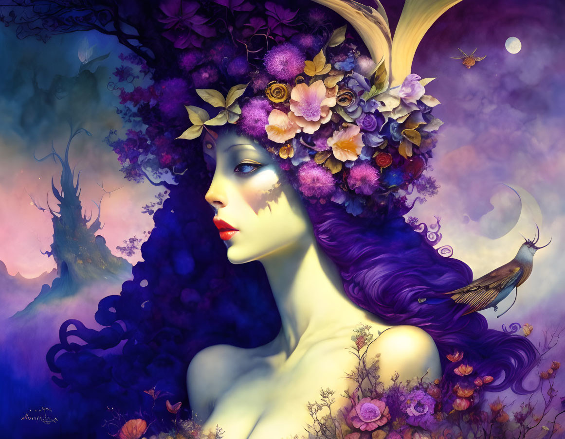 Fantastical portrait of female figure with purple hair and floral headdress.