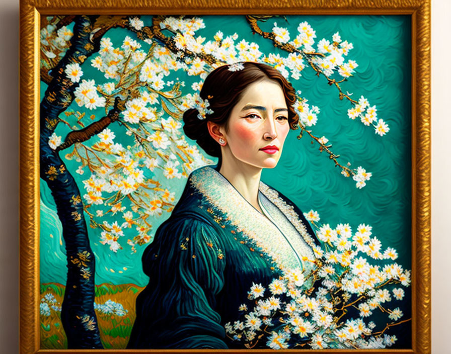 Portrait of Woman in Dark Kimono Surrounded by Cherry Blossoms