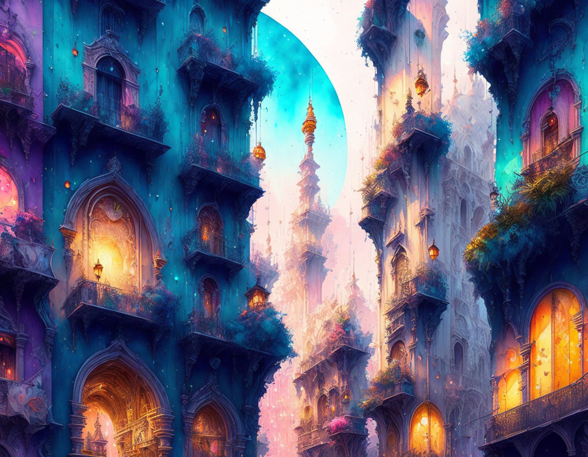 Vibrant fantasy cityscape with towering blue buildings and glowing windows