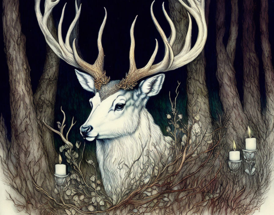 Detailed Illustration of Stag with Intricate Antlers and Candles Among Dark Trees