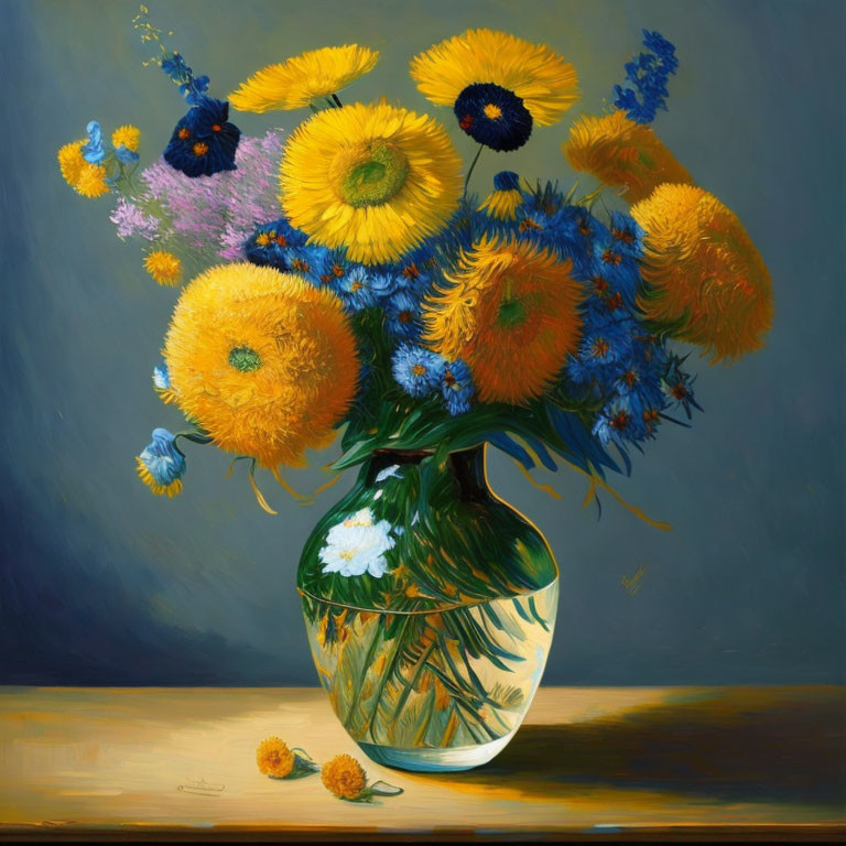 Colorful bouquet of yellow and blue flowers in reflective vase on dark background