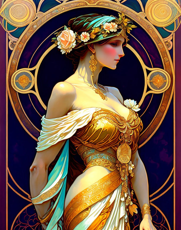 Art Nouveau Style Woman Illustration with Golden Headband and Floral Motifs