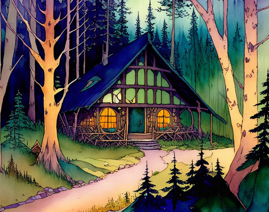 Tranquil forest cottage illuminated at dusk