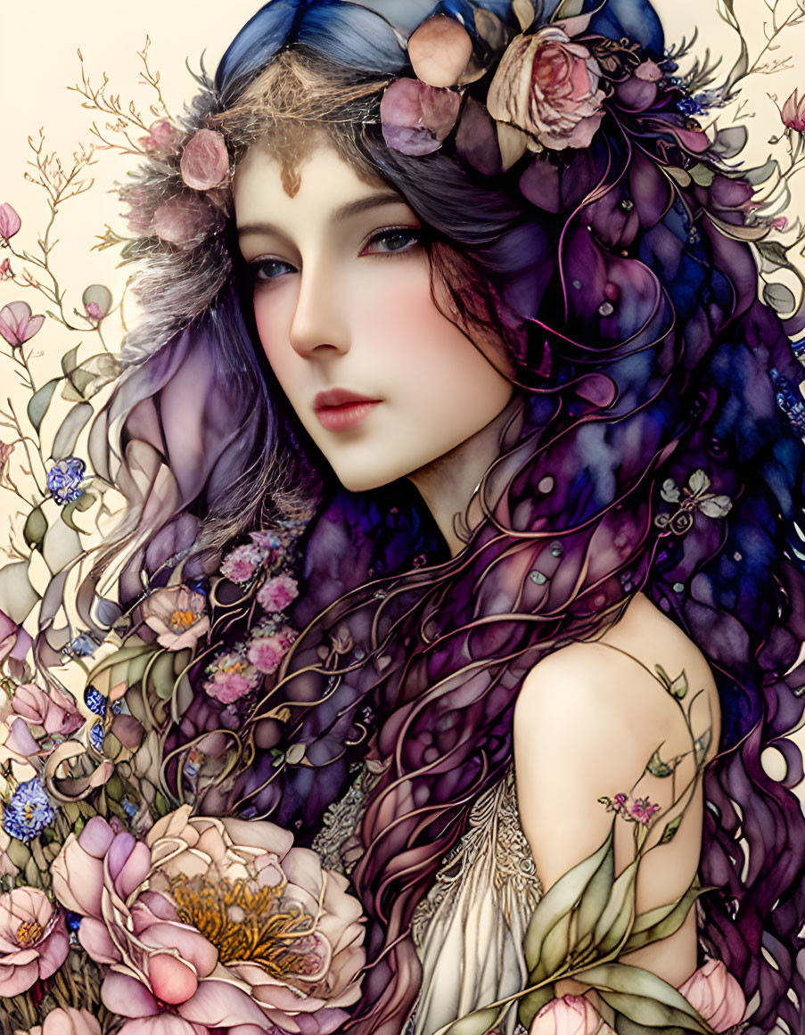 Illustrated woman with purple hair and floral adornments in contemplative pose among intricate floral motifs