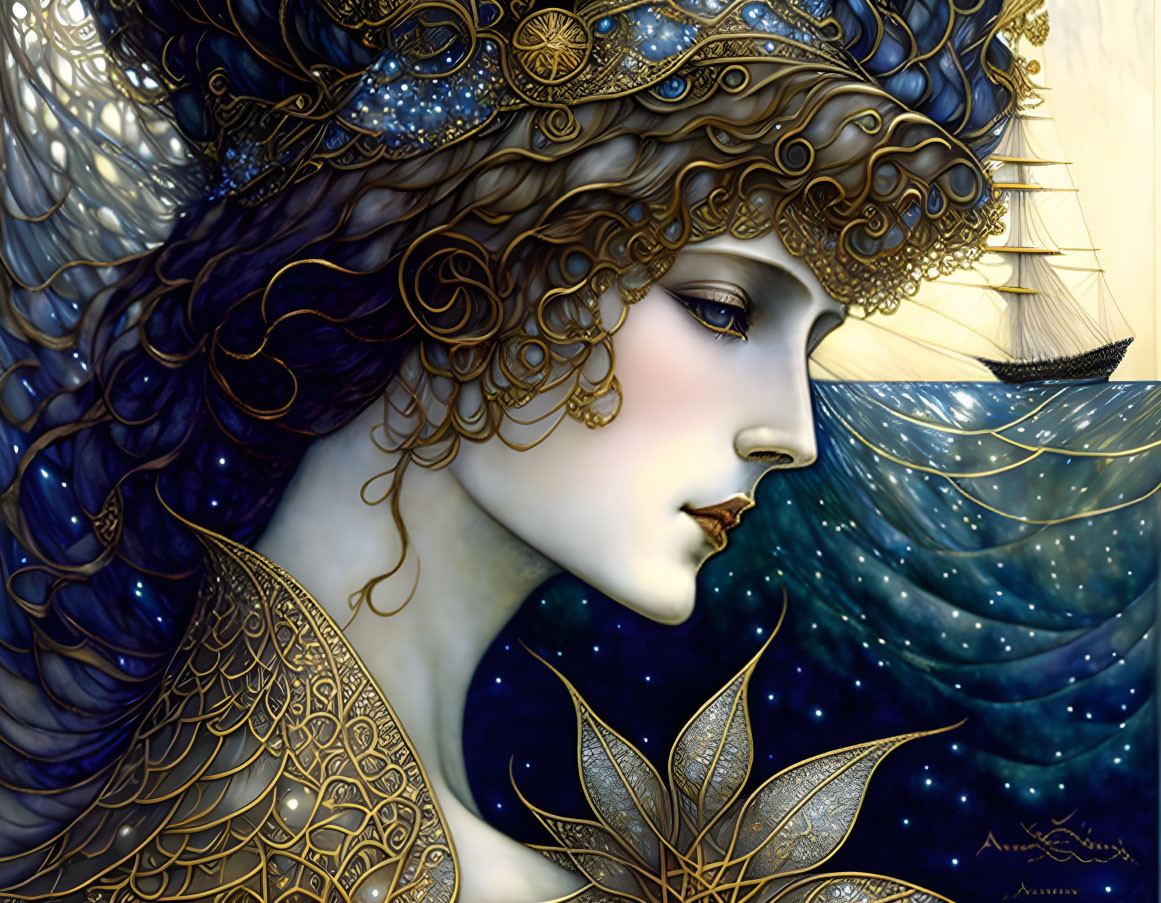 Detailed profile view illustration of woman with golden hair and filigree against starry night sky.