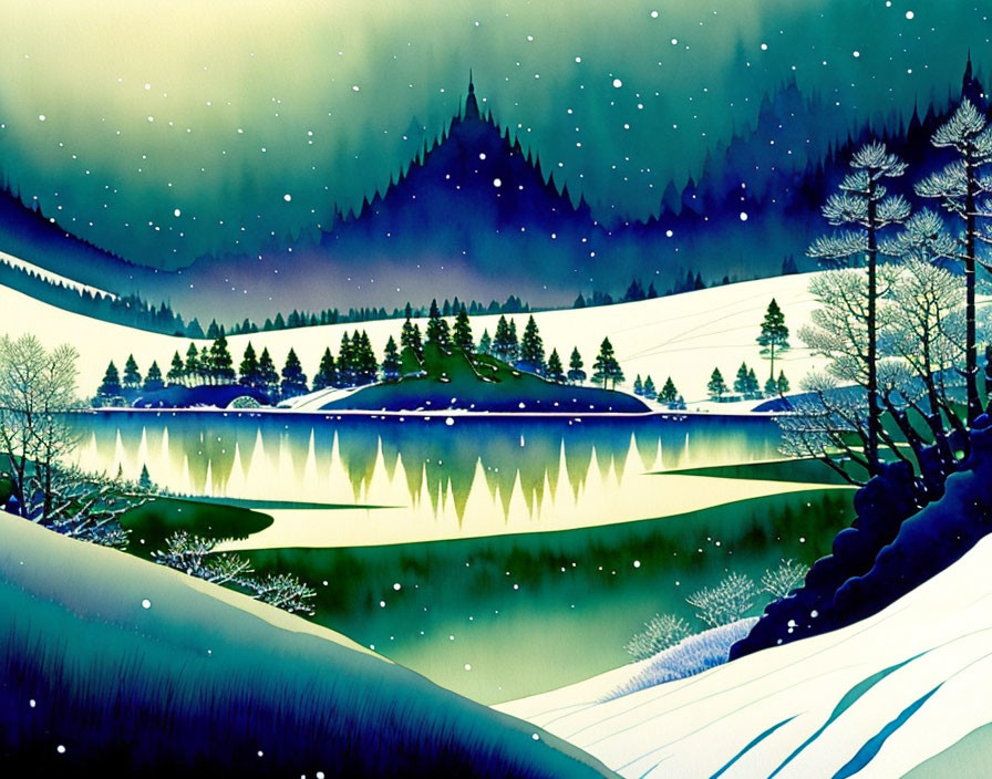 Snow-covered hills, tranquil lake, pine trees in serene nocturnal landscape