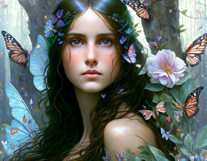 Woman adorned with flowers and butterflies in nature setting