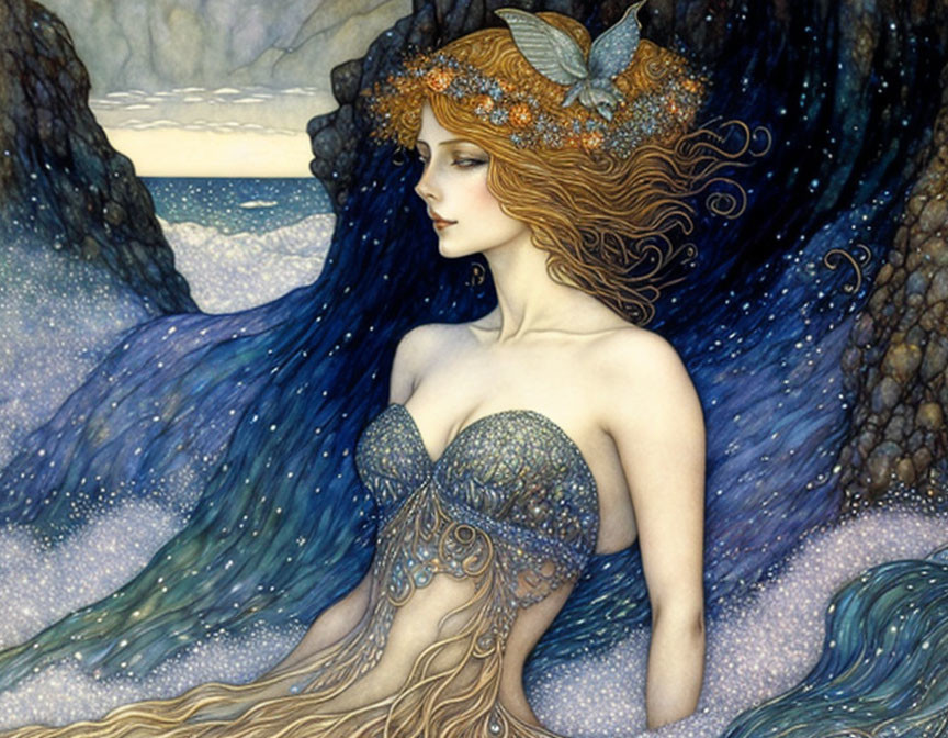 Woman with flowing blue hair, leaf crown, butterflies - Art Nouveau style