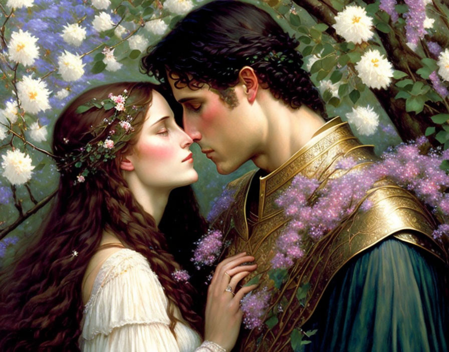 Man in Golden Armor with Woman in Floral Tiara Surrounded by Purple Flowers