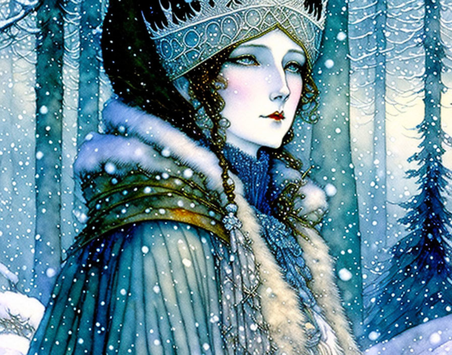 Regal figure with crown in snowy forest under falling snowflakes