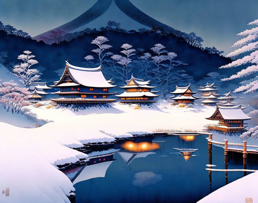 Snow-covered traditional Japanese buildings near frozen lake and mountains under twilight sky