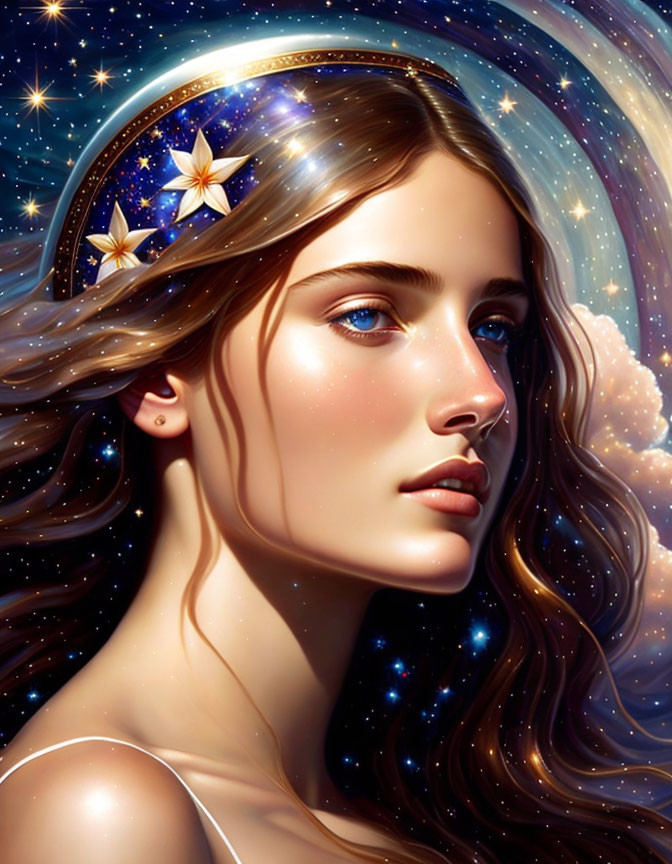 Digital artwork: Woman with celestial features and cosmic background