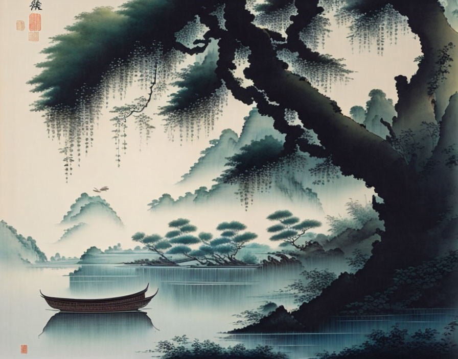 Serene Asian landscape: lake, boat, trees, misty mountains