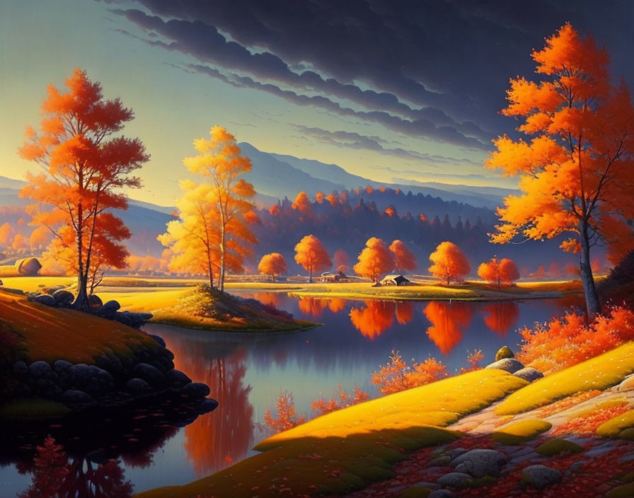 Fiery orange trees in autumn landscape with calm lake