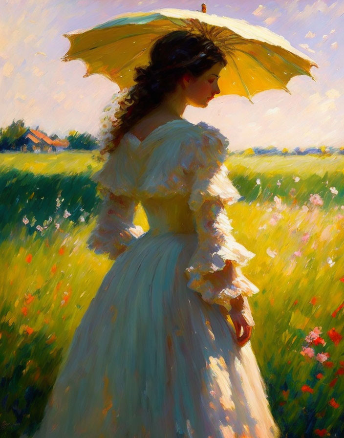 Woman in vintage white dress with yellow parasol in sunlit field among blooming flowers