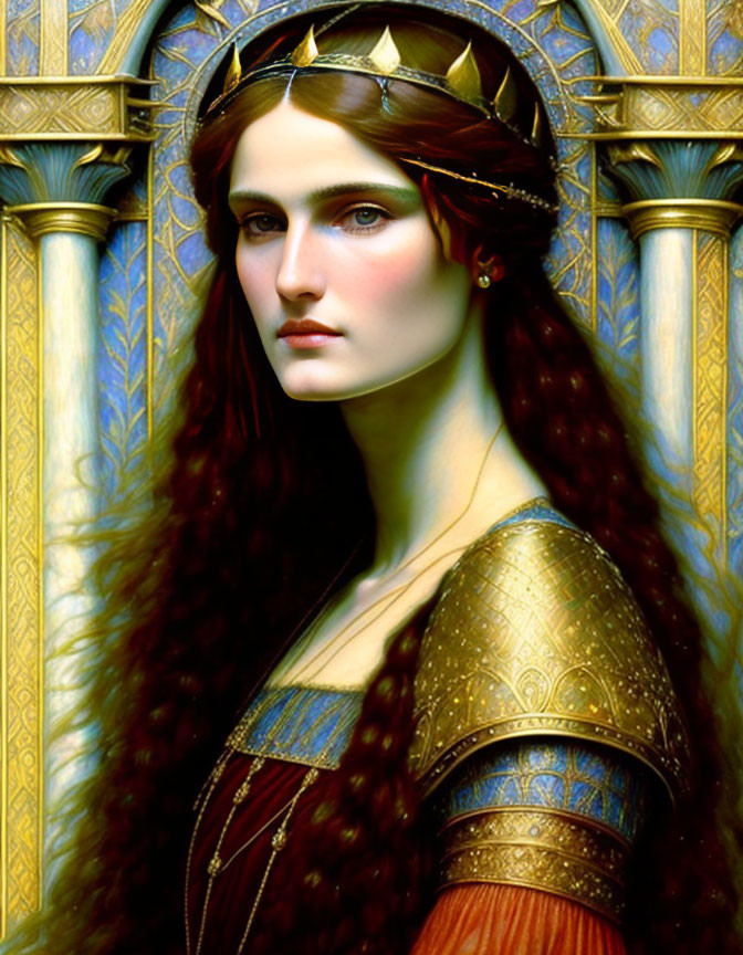 Regal woman with auburn hair, golden crown, and ornate armor on blue background