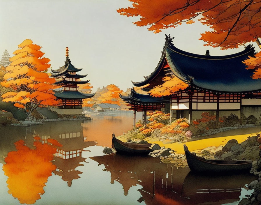 Japanese Pagodas Surrounded by Autumn Foliage and Tranquil Pond