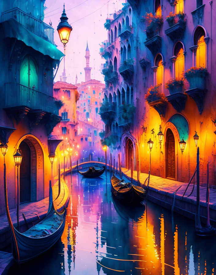 Vivid Canal Scene with Gondolas and Ornate Buildings at Twilight