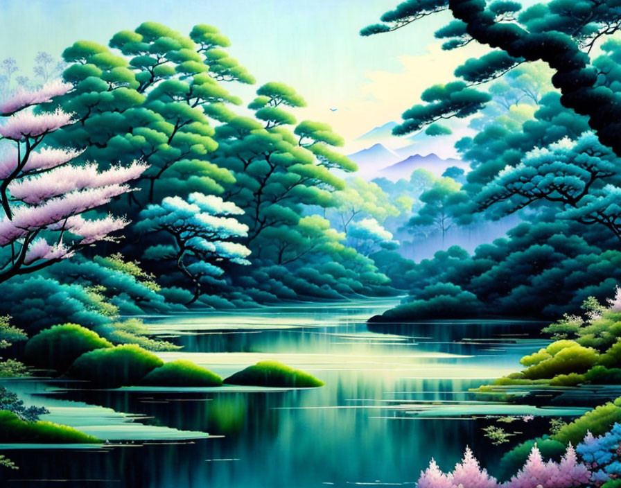 Tranquil landscape with green trees, blue lake, and pink blossoms