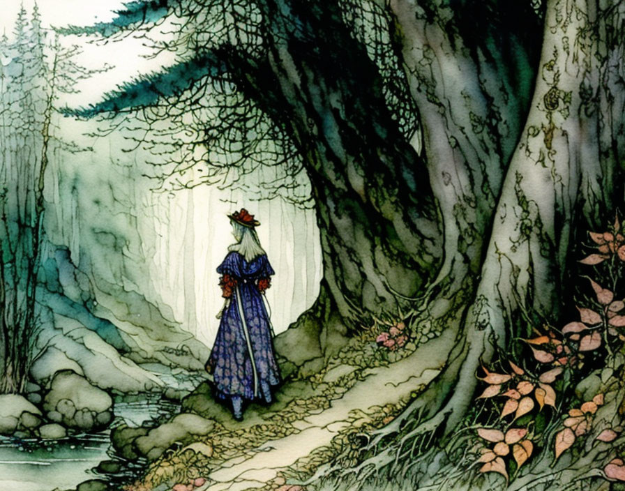 Person in Blue Dress and Red Cap in Mystical Forest Watercolor Illustration