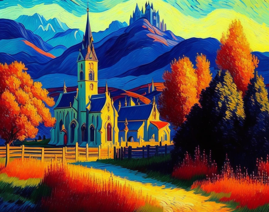 Colorful Church in Autumn Landscape with Mountains & Stylized Sky