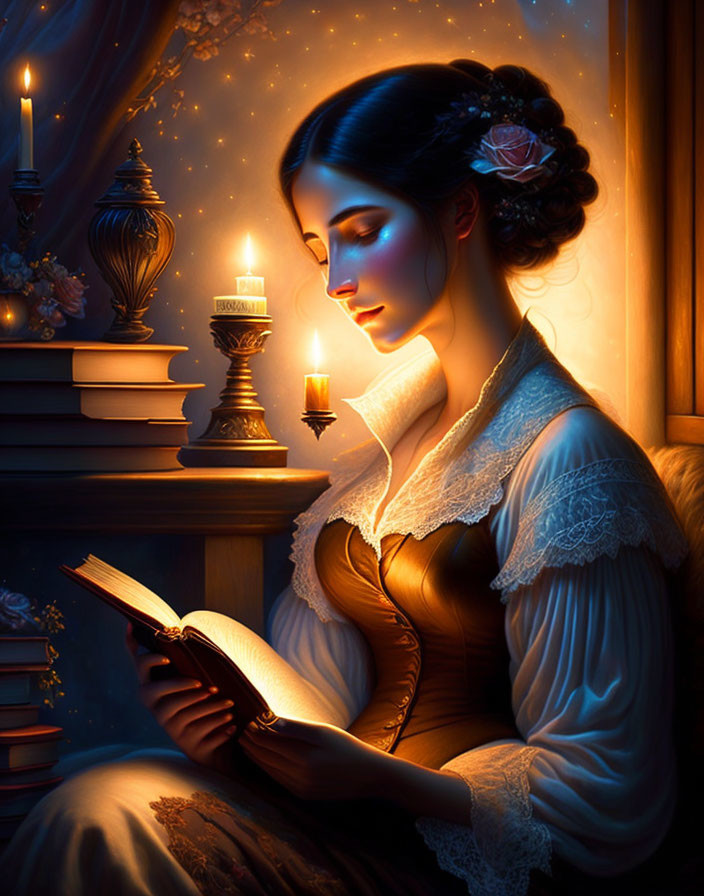 Woman reading book by candlelight in starry night setting