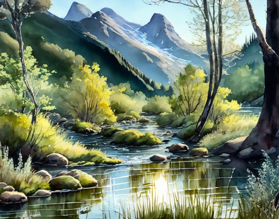 Tranquil watercolor of mountain landscape with stream