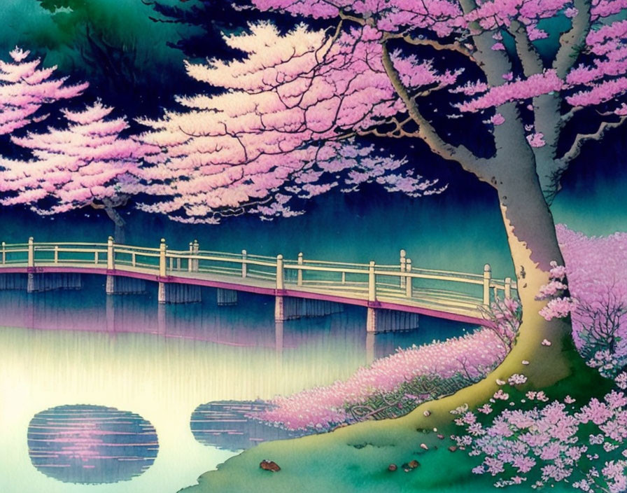 Tranquil wooden bridge surrounded by pink cherry blossoms