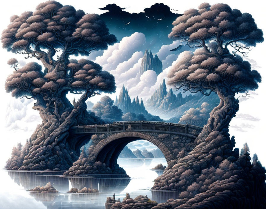 Enormous trees and stone bridge in twilight landscape