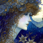 Detailed profile view illustration of woman with golden hair and filigree against starry night sky.