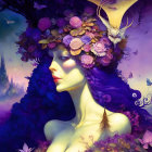 Fantastical portrait of female figure with purple hair and floral headdress.