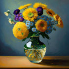 Colorful bouquet of yellow and blue flowers in reflective vase on dark background