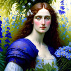 Portrait of Woman with Auburn Hair in Blue Dress Surrounded by Flowers