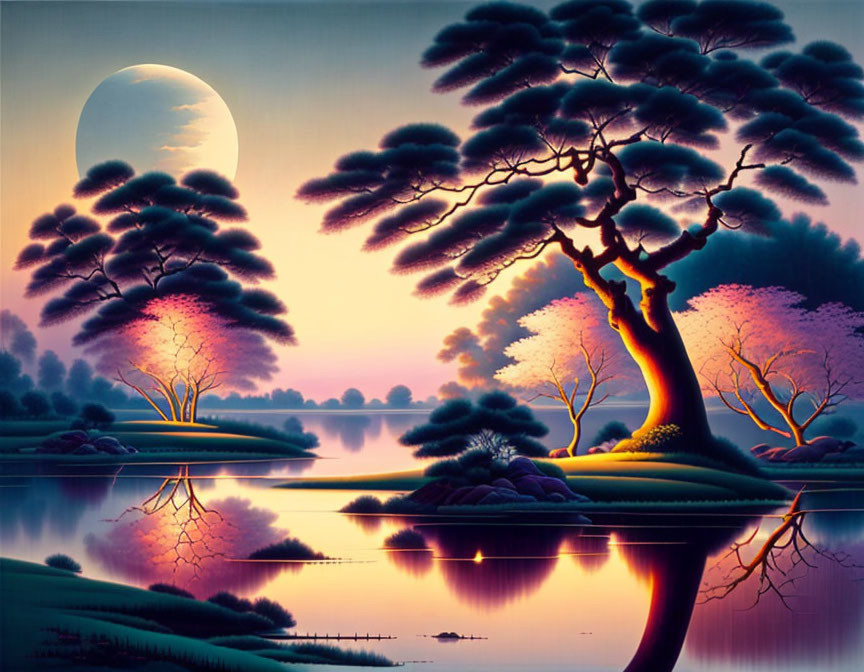 Tranquil landscape with oversized moon, lake, vibrant trees, and colorful sky