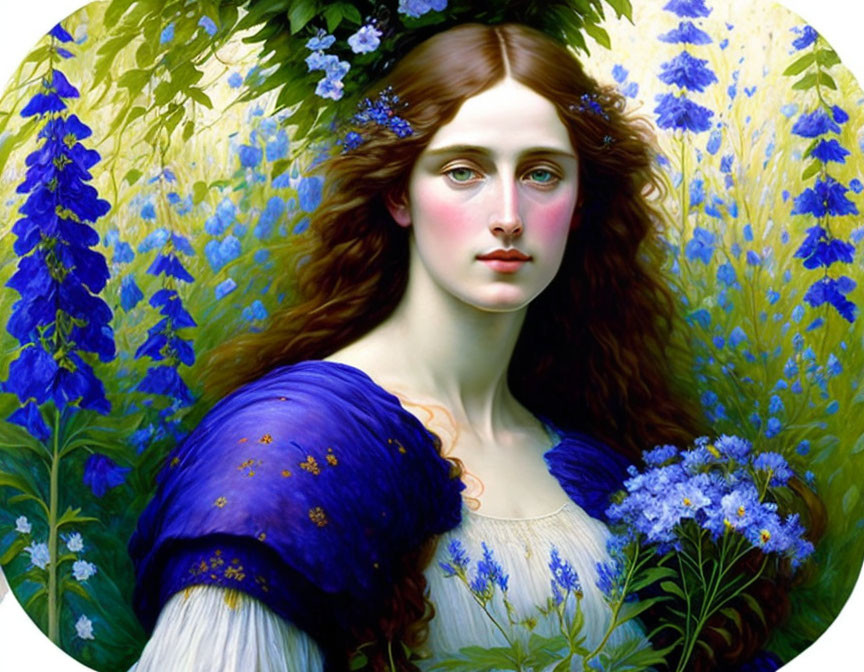 Portrait of Woman with Auburn Hair in Blue Dress Surrounded by Flowers