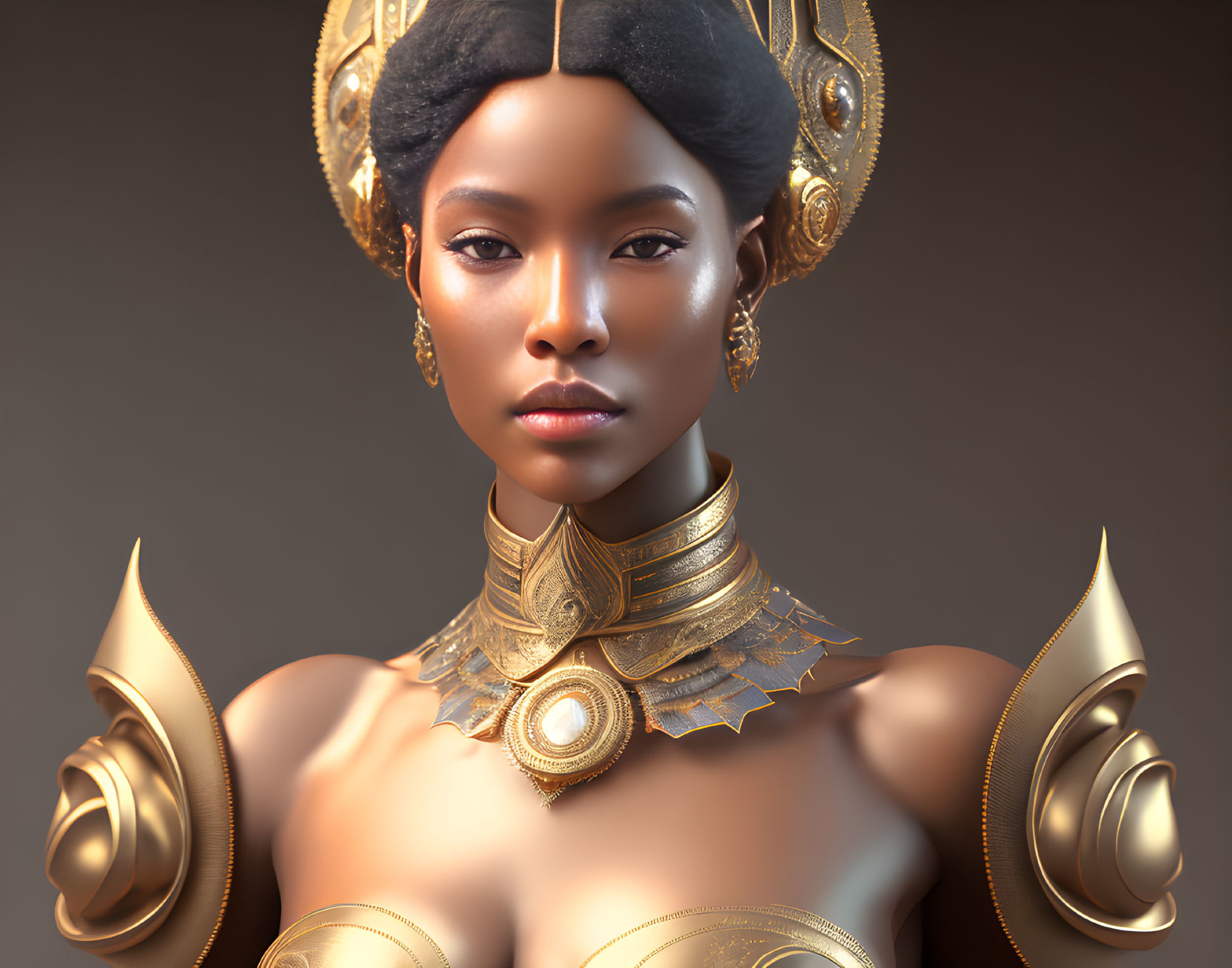 3D-rendered portrait of woman with golden jewelry and ornate headgear