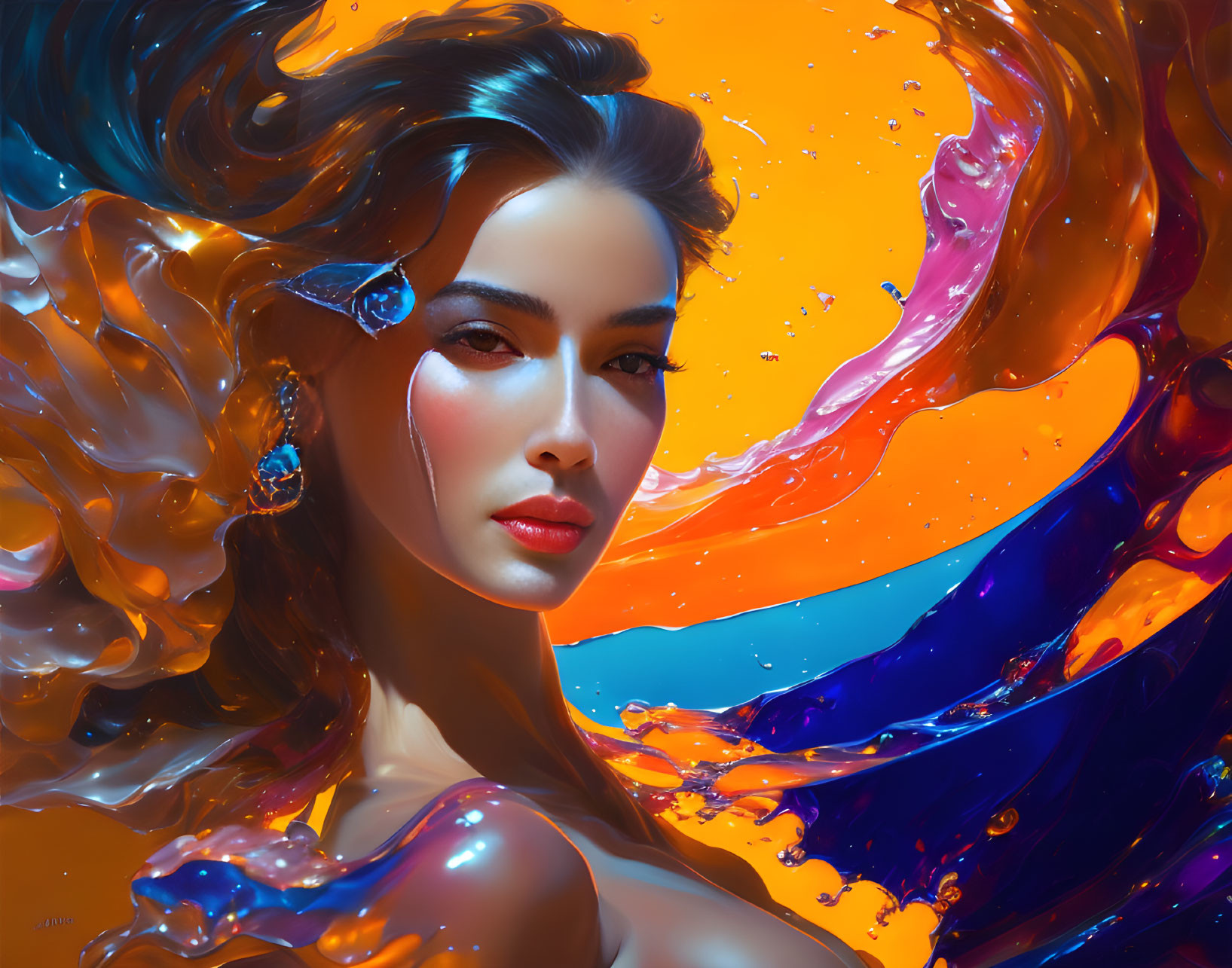 Colorful swirling liquid elements around a dynamic woman in digital art