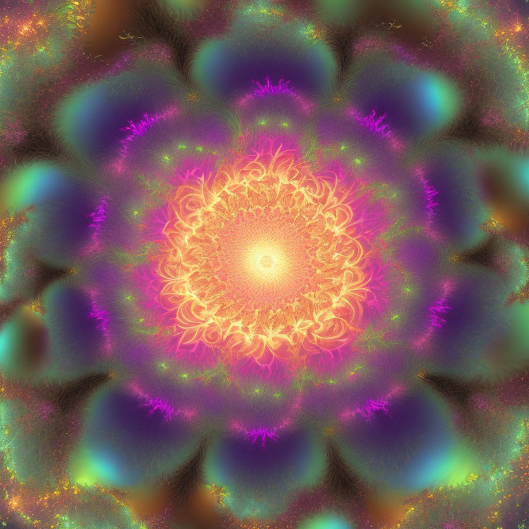 Colorful fractal art with glowing orange center and symmetrical patterns in purple, green, and yellow