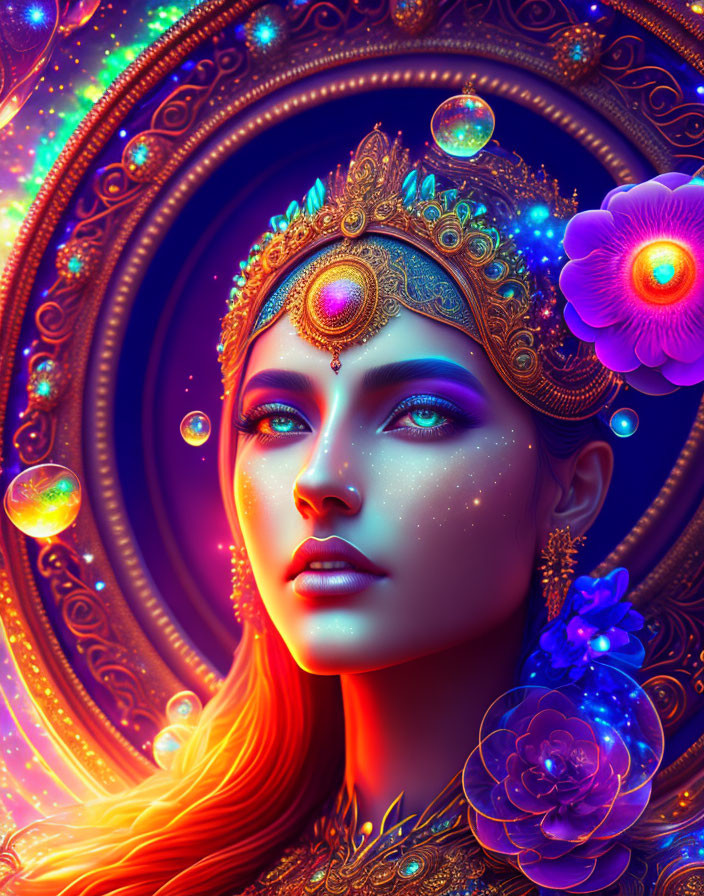 Colorful Illustration of Woman with Golden Headdress and Cosmic Motifs